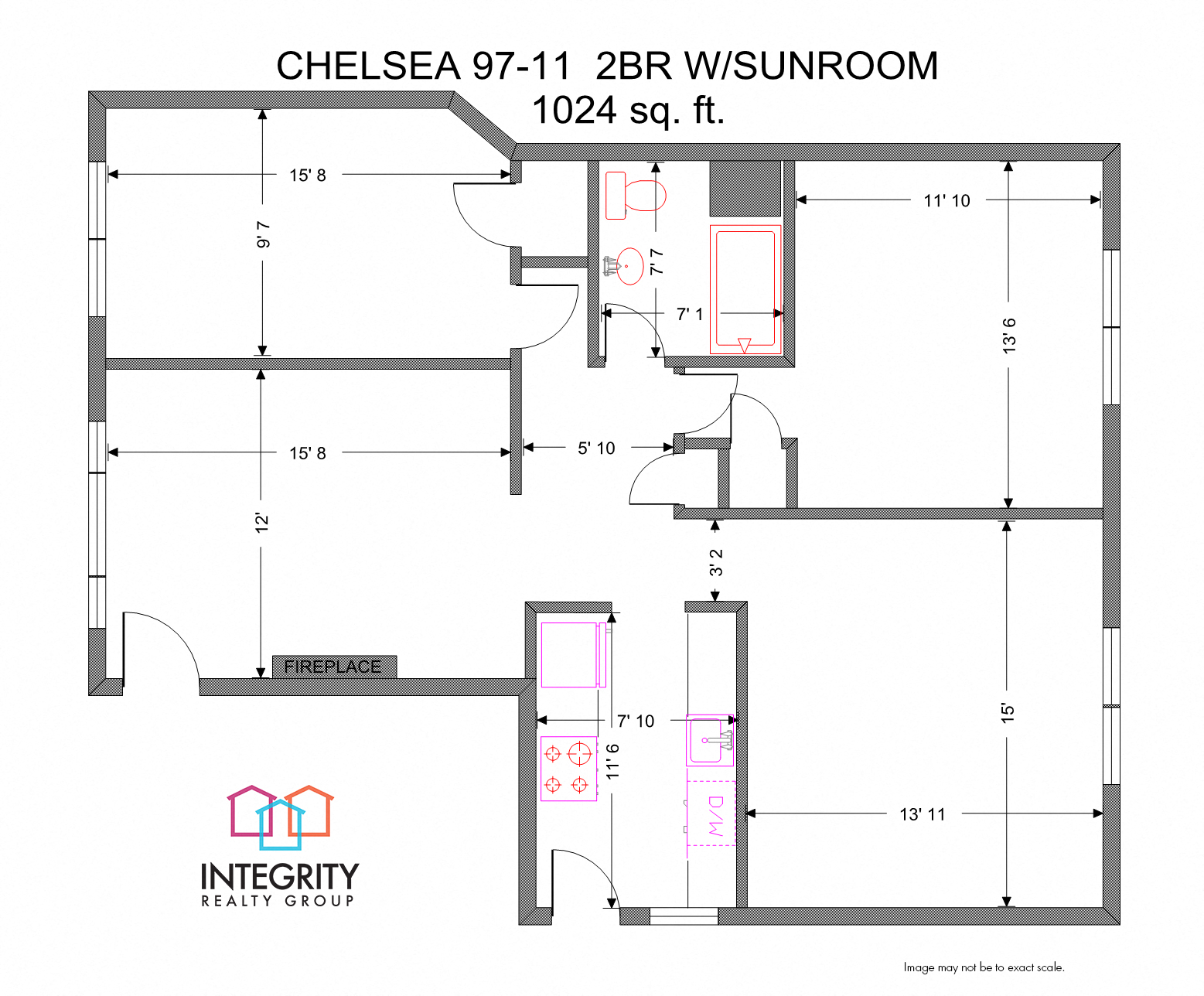 Floor plan for 2 beds, 1 bath, 1024 sqft